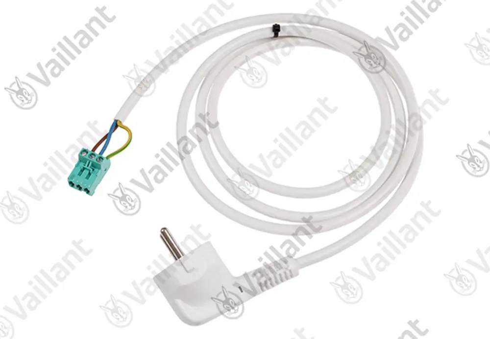 Vaillant Netzanschlusskabel mit einem Stecker für elektrische Verbindungen und einem Verbindungselement in einer farbcodierten Anordnung.